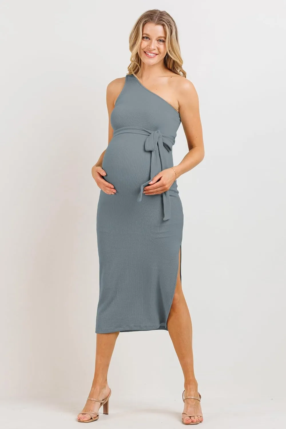 LaClef Womens One Shoulder Side Slit Tie Waist Maternity Dress