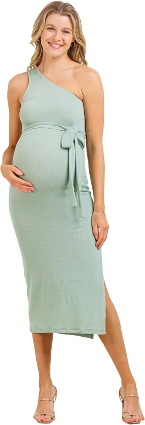 LaClef Womens One Shoulder Side Slit Tie Waist Maternity Dress
