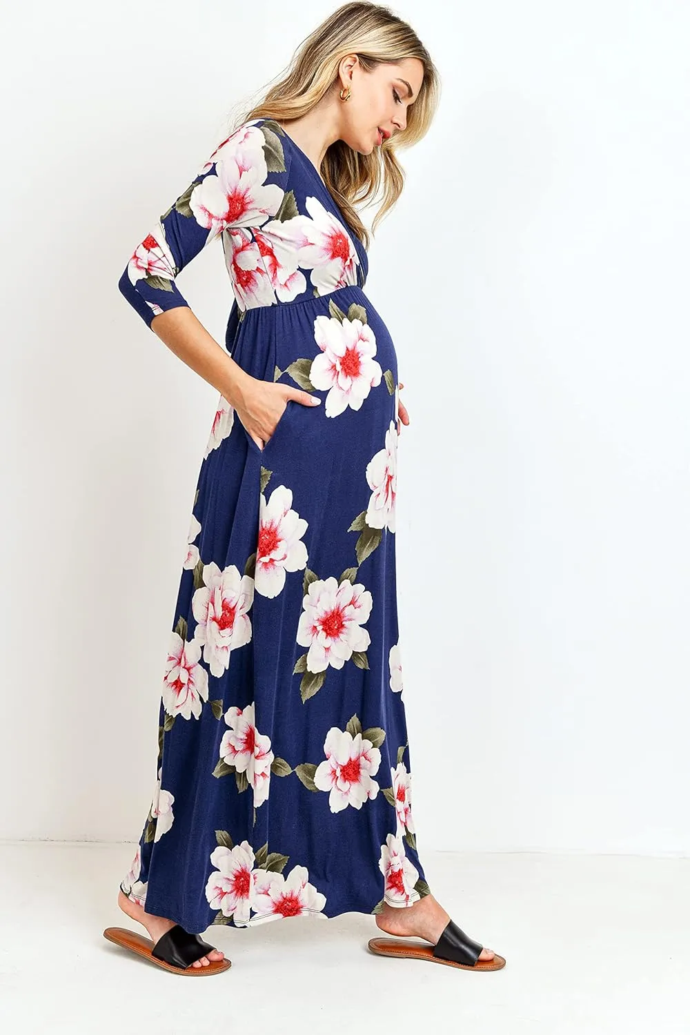 LaClef Women's Wrapped Ruched Maternity Dress with Pocket