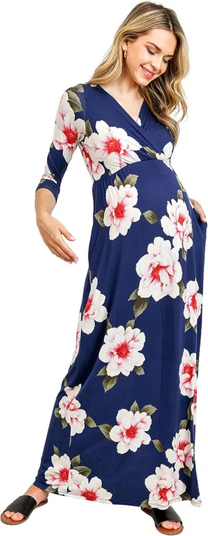 LaClef Women's Wrapped Ruched Maternity Dress with Pocket