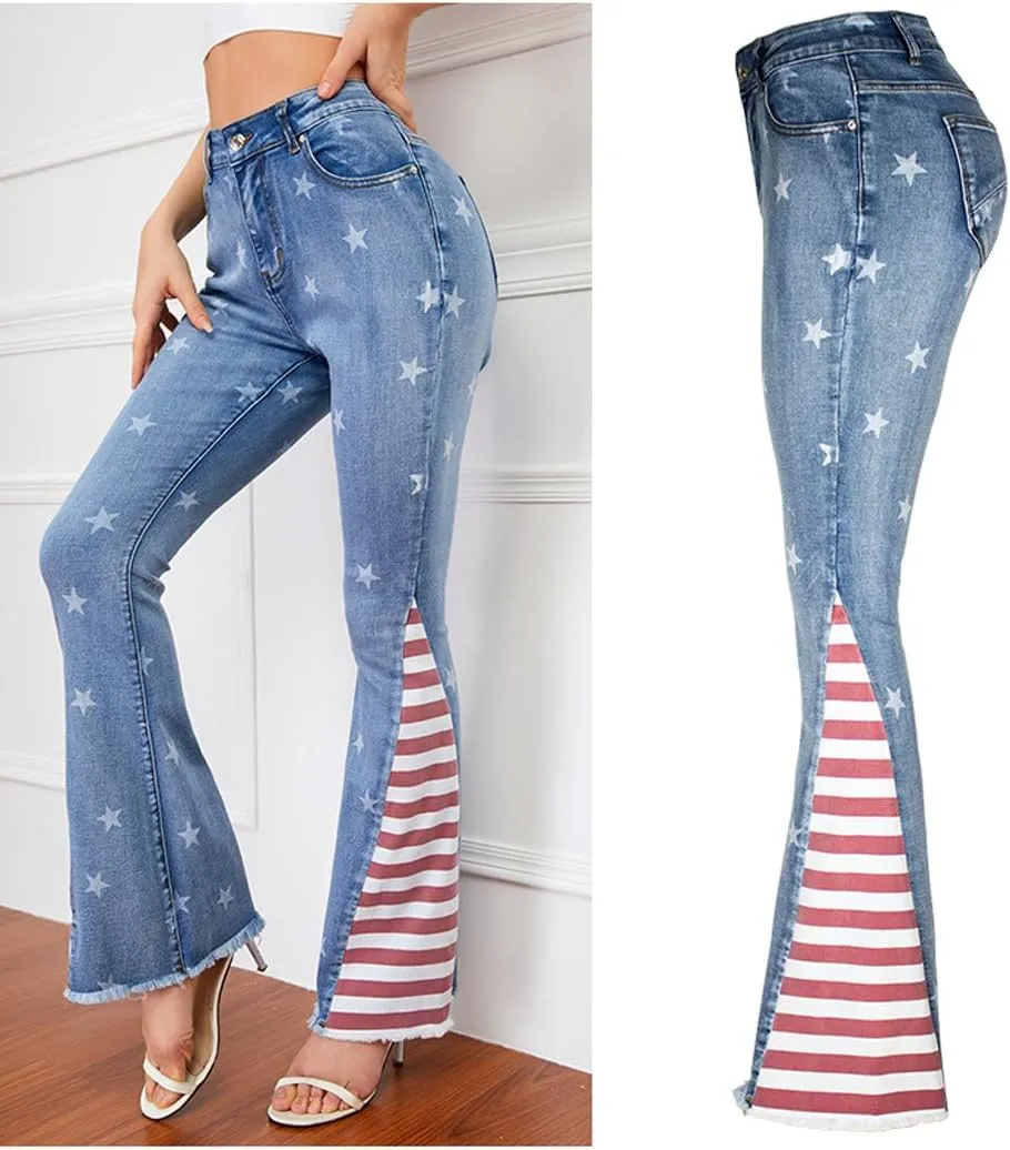 LAFOURAM Bell Bottom Jeans for Women High Waist Flared Wide Leg Floral Embroidered Denim Pants