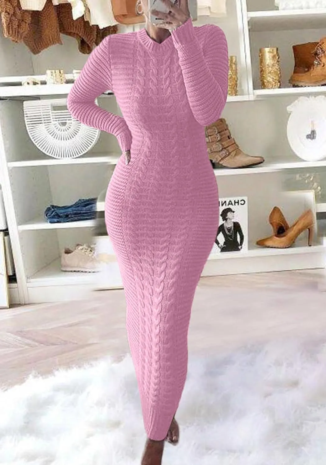 LETSVDO Sweater Dress for Women Maxi Bodycon Cable Knit Long Sleeve Crewneck Ribbed Pencil Pullover Dresses Winter