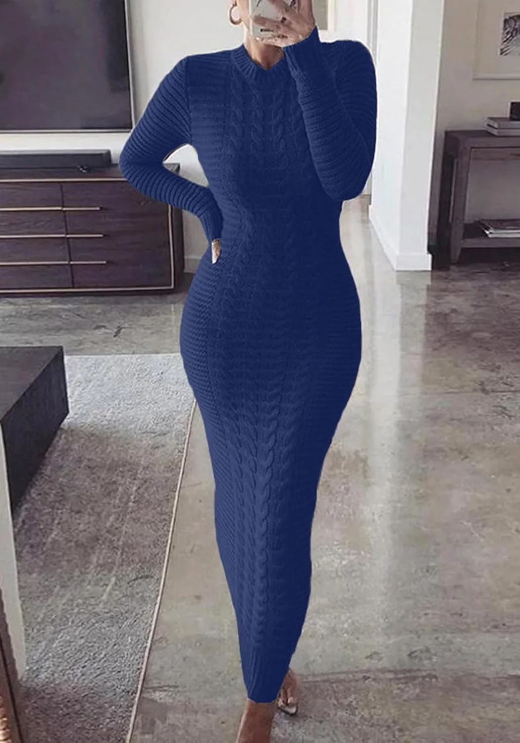LETSVDO Sweater Dress for Women Maxi Bodycon Cable Knit Long Sleeve Crewneck Ribbed Pencil Pullover Dresses Winter