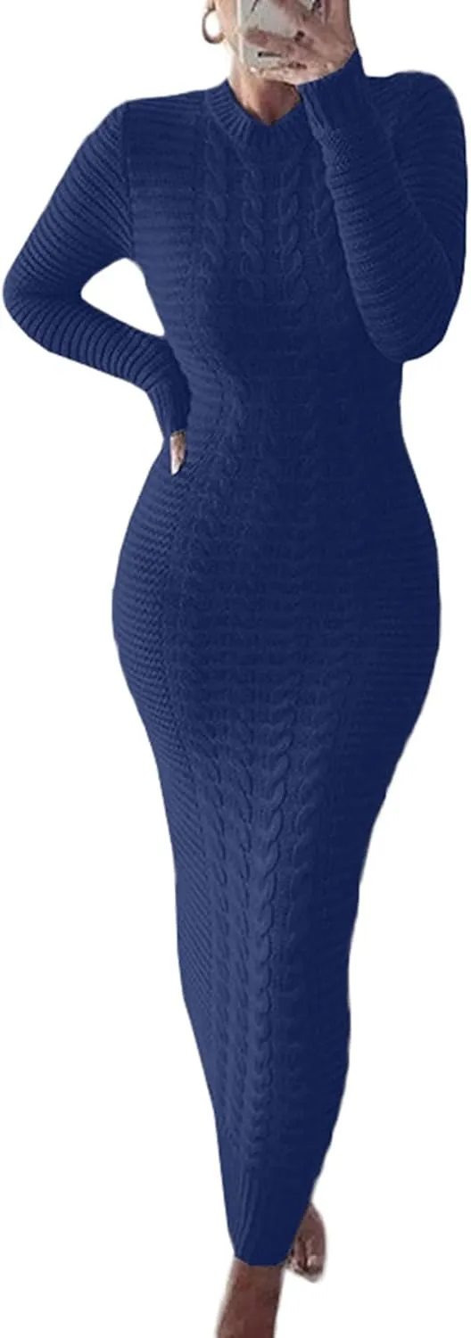 LETSVDO Sweater Dress for Women Maxi Bodycon Cable Knit Long Sleeve Crewneck Ribbed Pencil Pullover Dresses Winter