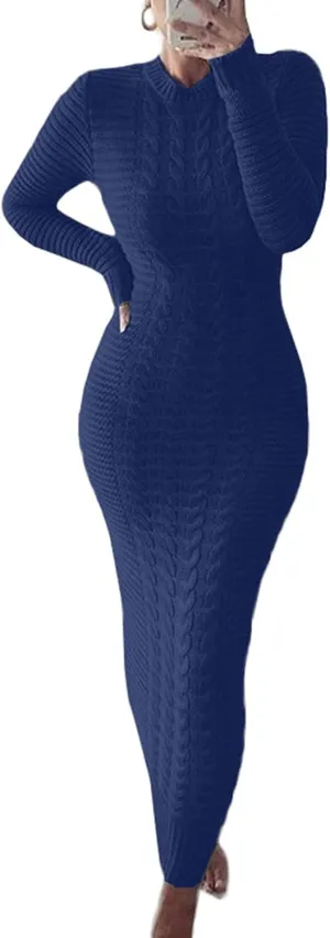 LETSVDO Sweater Dress for Women Maxi Bodycon Cable Knit Long Sleeve Crewneck Ribbed Pencil Pullover Dresses Winter