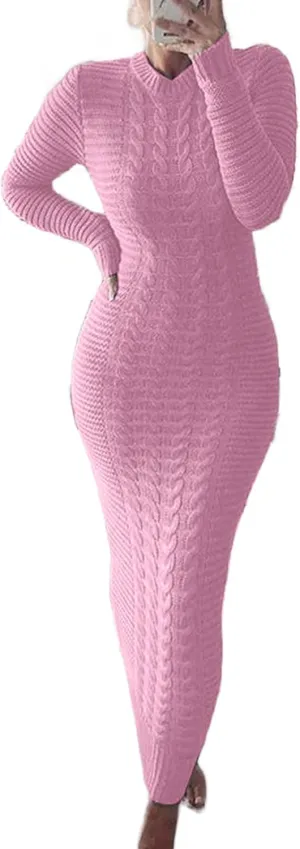 LETSVDO Sweater Dress for Women Maxi Bodycon Cable Knit Long Sleeve Crewneck Ribbed Pencil Pullover Dresses Winter