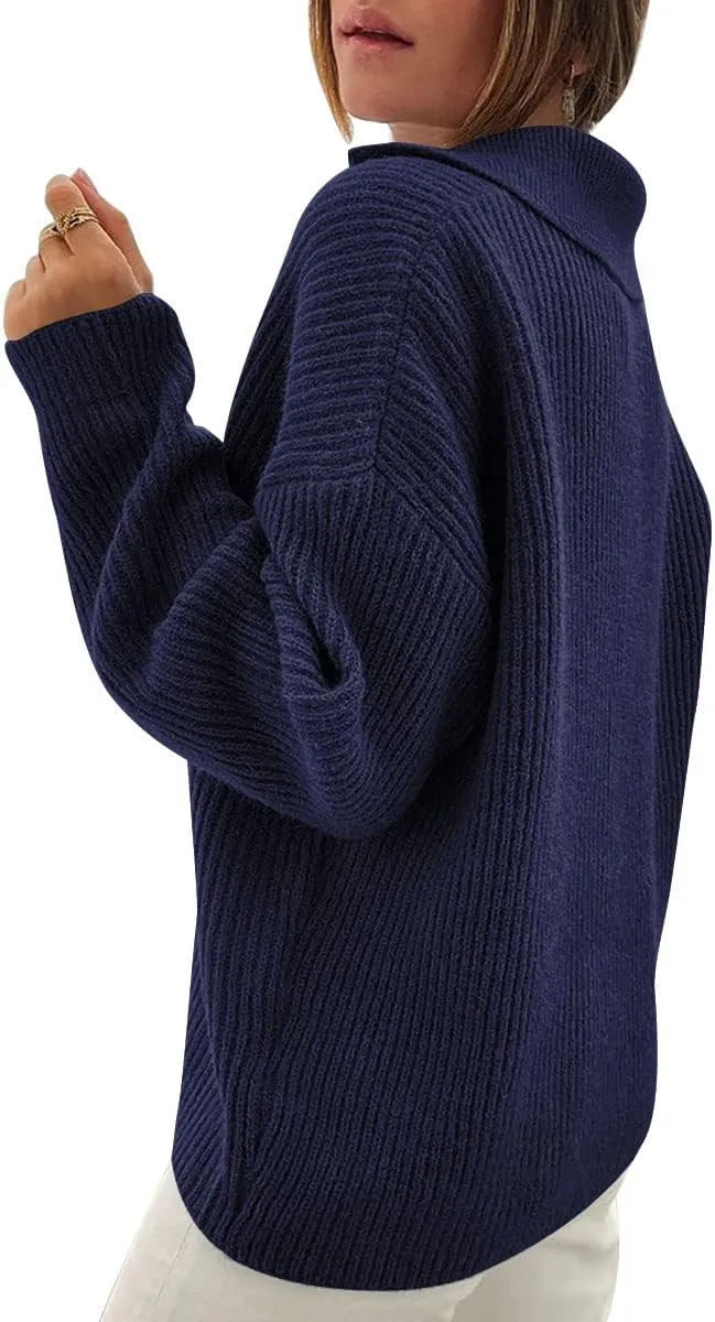 LILLUSORY Womens V Neck Pullover Sweaters Casual Cable Knit Chunky Warm Cute Tops with Collar Polo