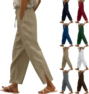 Linen Pants for Women 2025 Summer Drawstring Straight Leg Cropped Lounge Pant Casual Loose Lightweight Beach Trousers