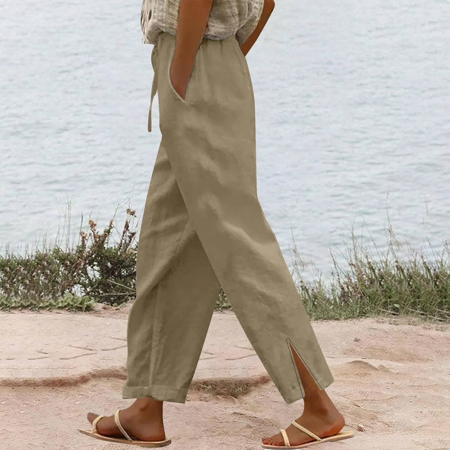 Linen Pants for Women 2025 Summer Drawstring Straight Leg Cropped Lounge Pant Casual Loose Lightweight Beach Trousers