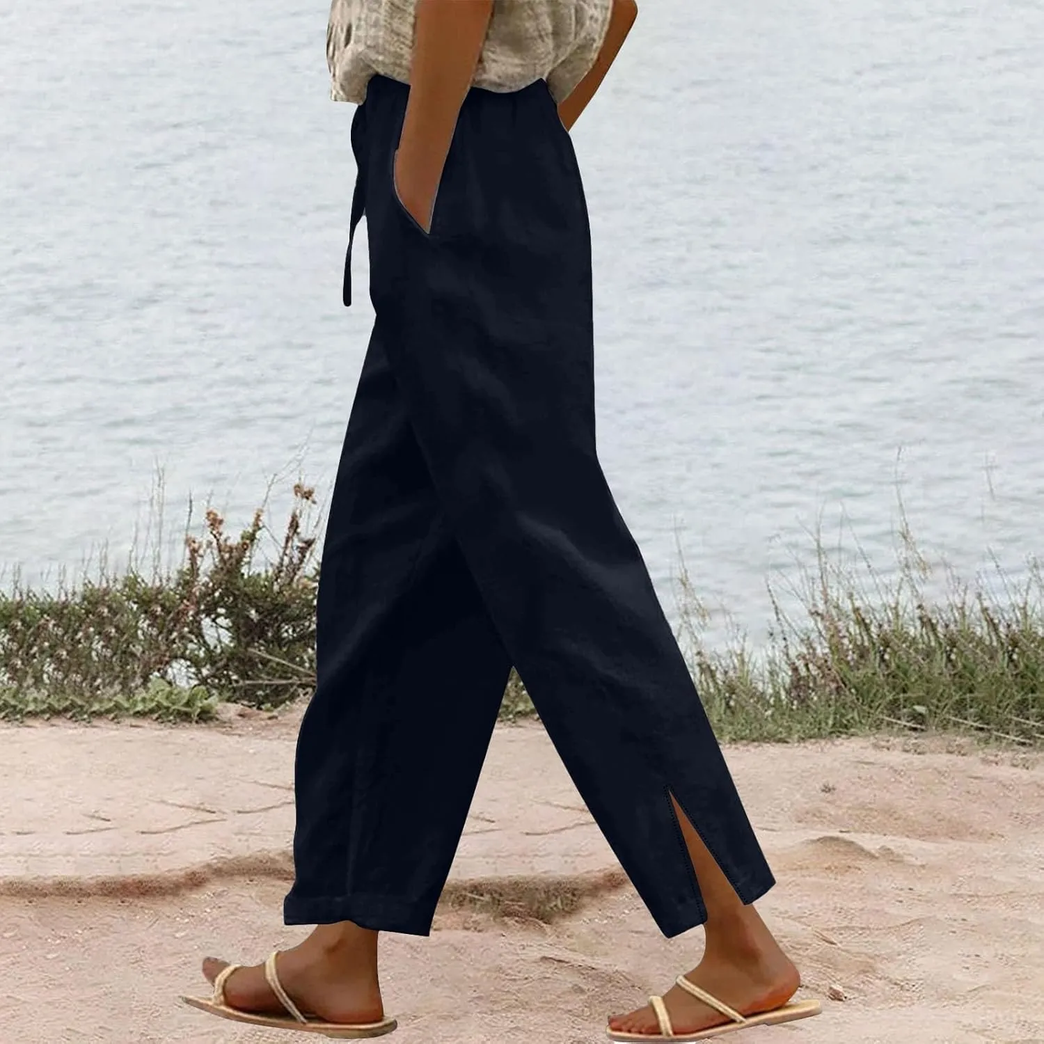 Linen Pants for Women 2025 Summer Drawstring Straight Leg Cropped Lounge Pant Casual Loose Lightweight Beach Trousers