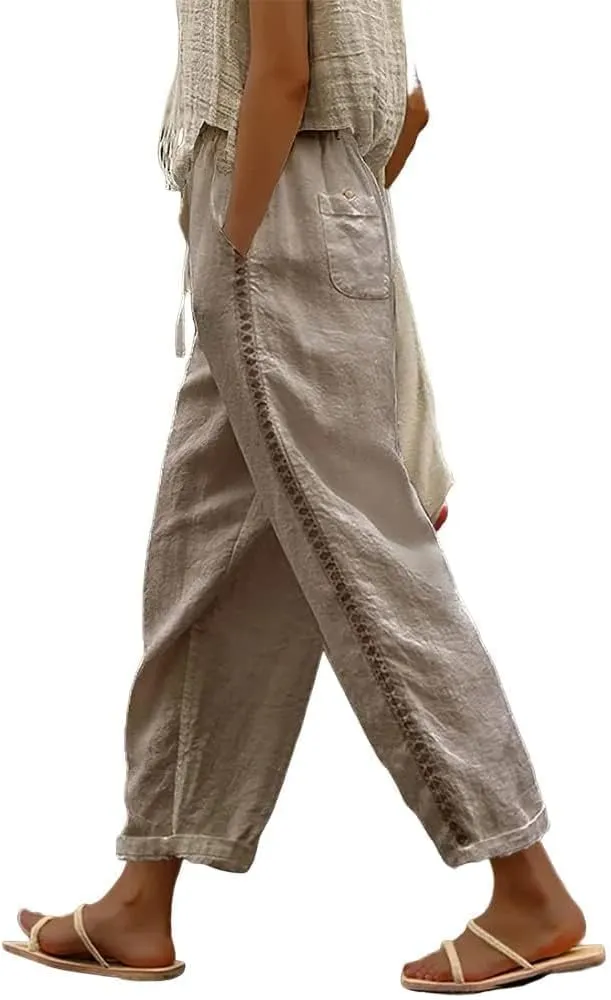 Linen Pants for Women Wide Leg High Waisted Drawstring Trousers Summer Casual Loose Trendy Beach Pants with Pockets