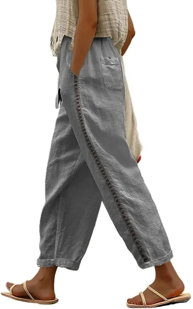 Linen Pants for Women Wide Leg High Waisted Drawstring Trousers Summer Casual Loose Trendy Beach Pants with Pockets