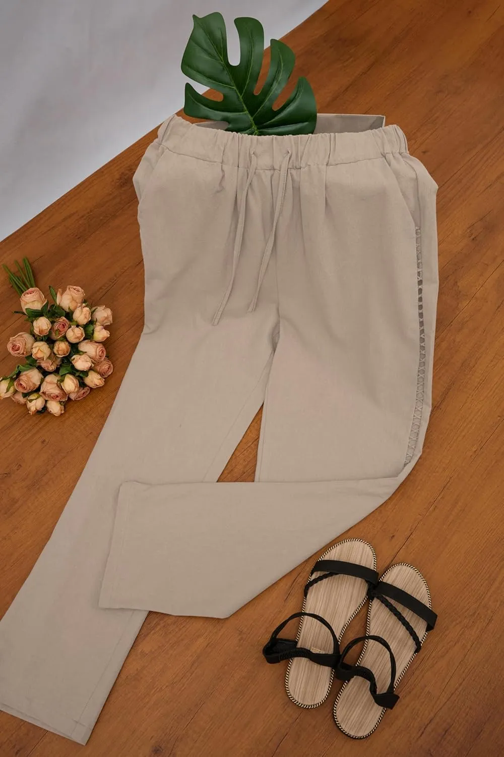 Linen Pants for Women Wide Leg High Waisted Drawstring Trousers Summer Casual Loose Trendy Beach Pants with Pockets