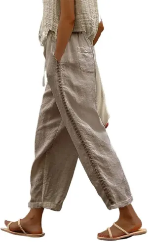 Linen Pants for Women Wide Leg High Waisted Drawstring Trousers Summer Casual Loose Trendy Beach Pants with Pockets