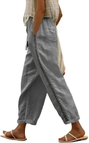 Linen Pants for Women Wide Leg High Waisted Drawstring Trousers Summer Casual Loose Trendy Beach Pants with Pockets