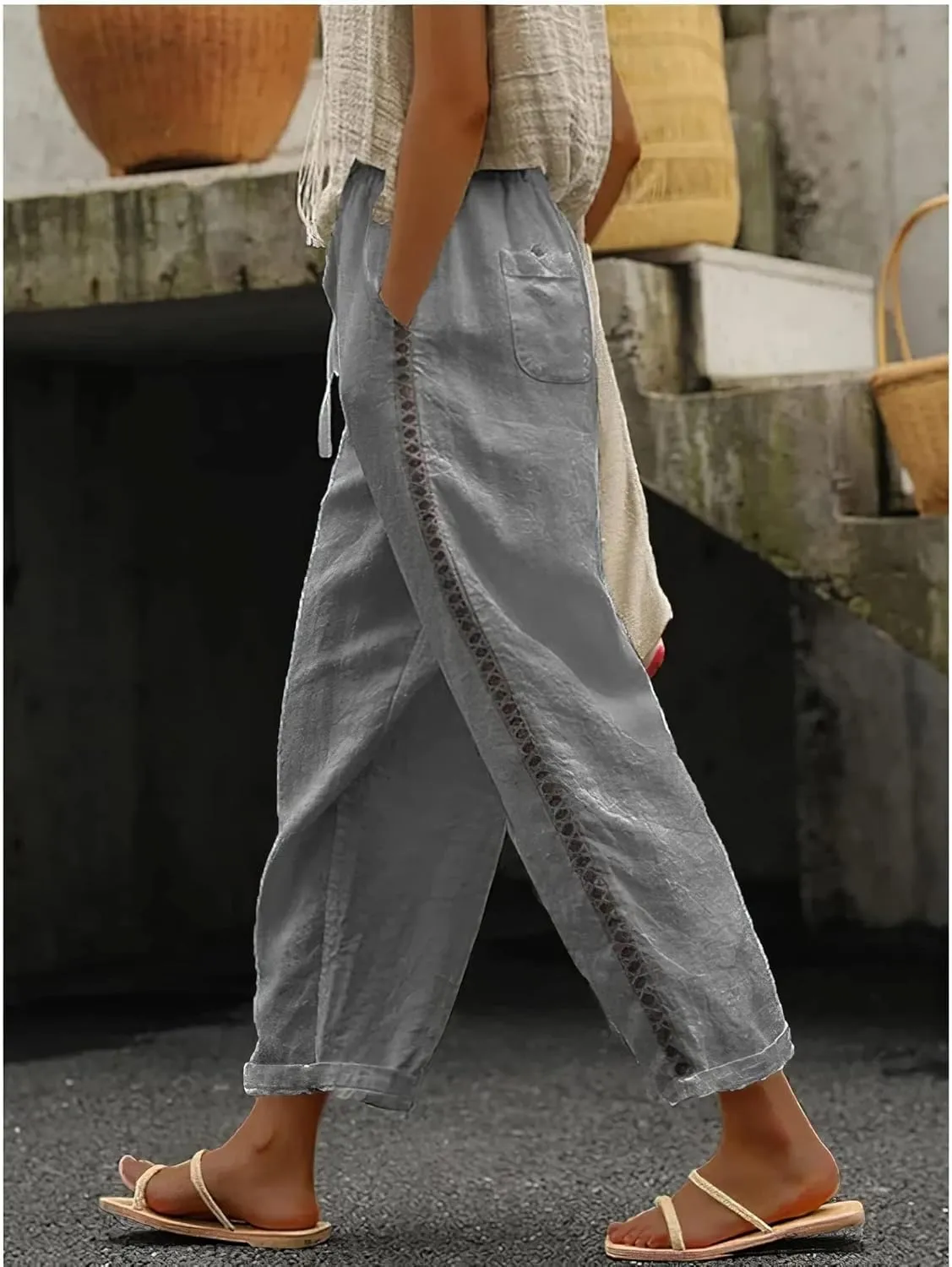 Linen Pants for Women Wide Leg High Waisted Drawstring Trousers Summer Casual Loose Trendy Beach Pants with Pockets