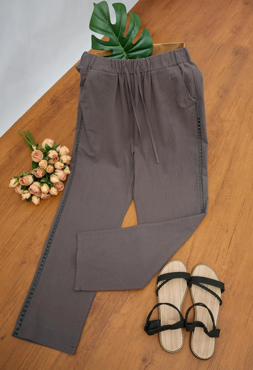 Linen Pants for Women Wide Leg High Waisted Drawstring Trousers Summer Casual Loose Trendy Beach Pants with Pockets