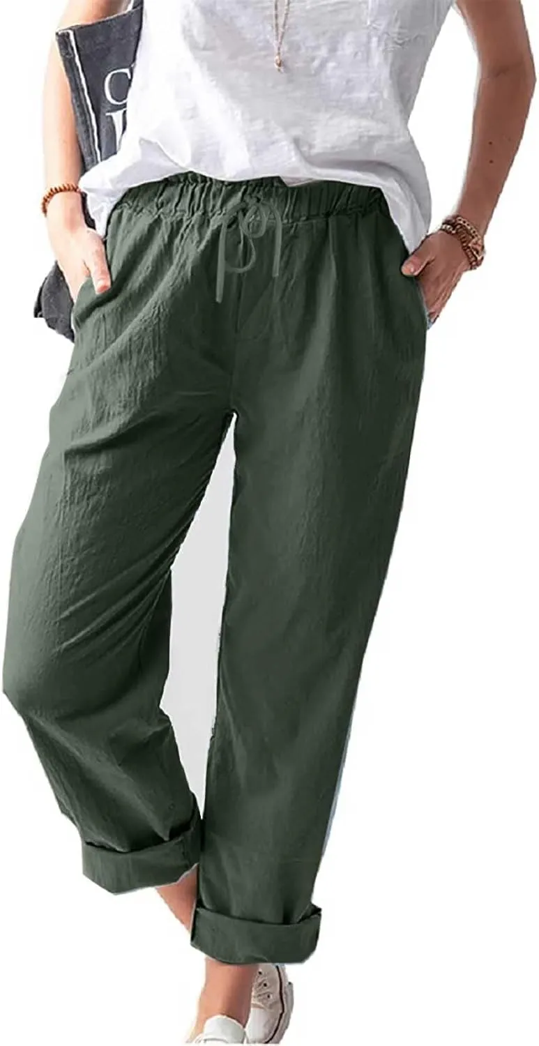Linen Pants Women 2025 Straight Wide Leg Elastic Waisted Pants Casual Summer Lounge Beach Trousers with Pockets