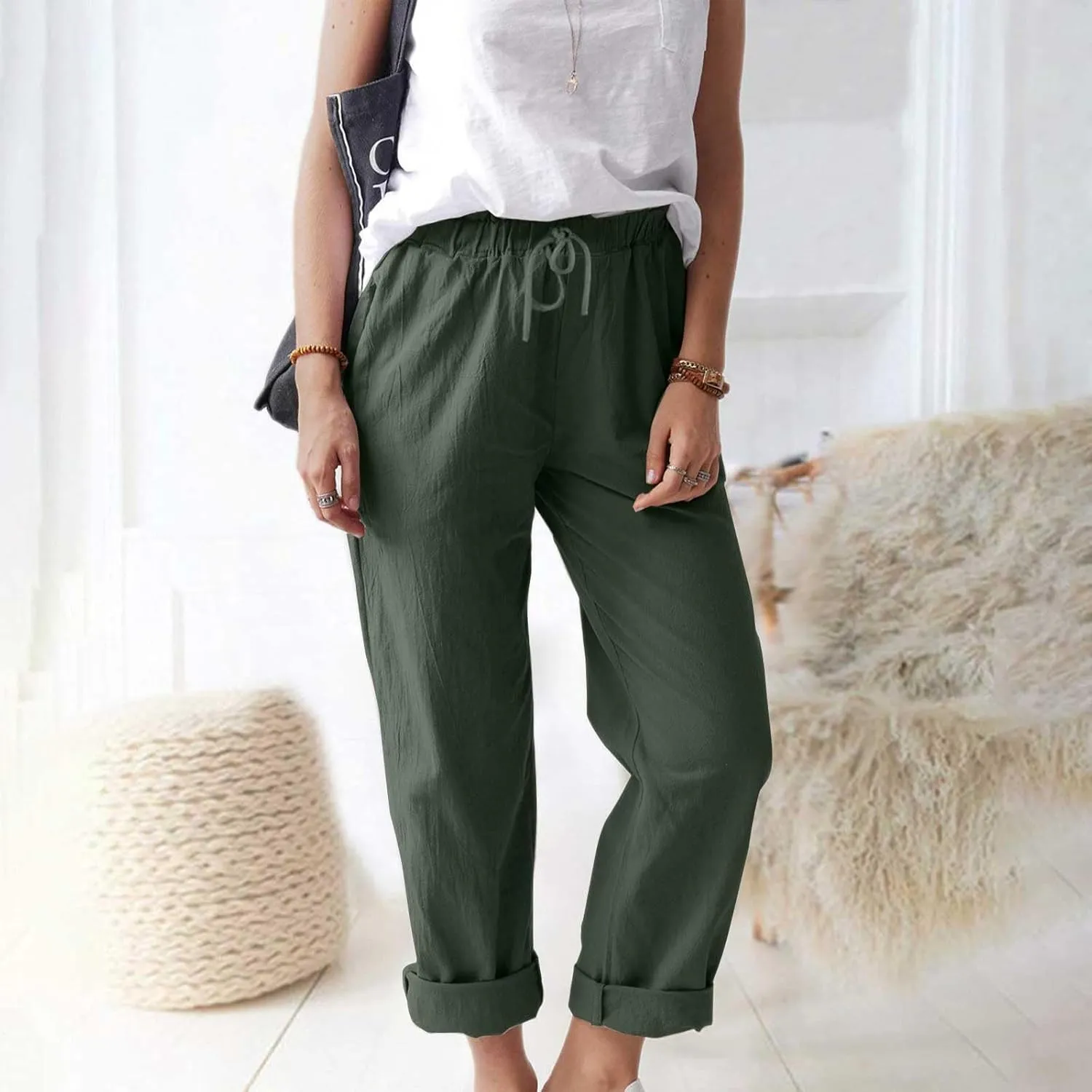 Linen Pants Women 2025 Straight Wide Leg Elastic Waisted Pants Casual Summer Lounge Beach Trousers with Pockets