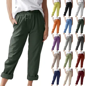 Linen Pants Women 2025 Straight Wide Leg Elastic Waisted Pants Casual Summer Lounge Beach Trousers with Pockets