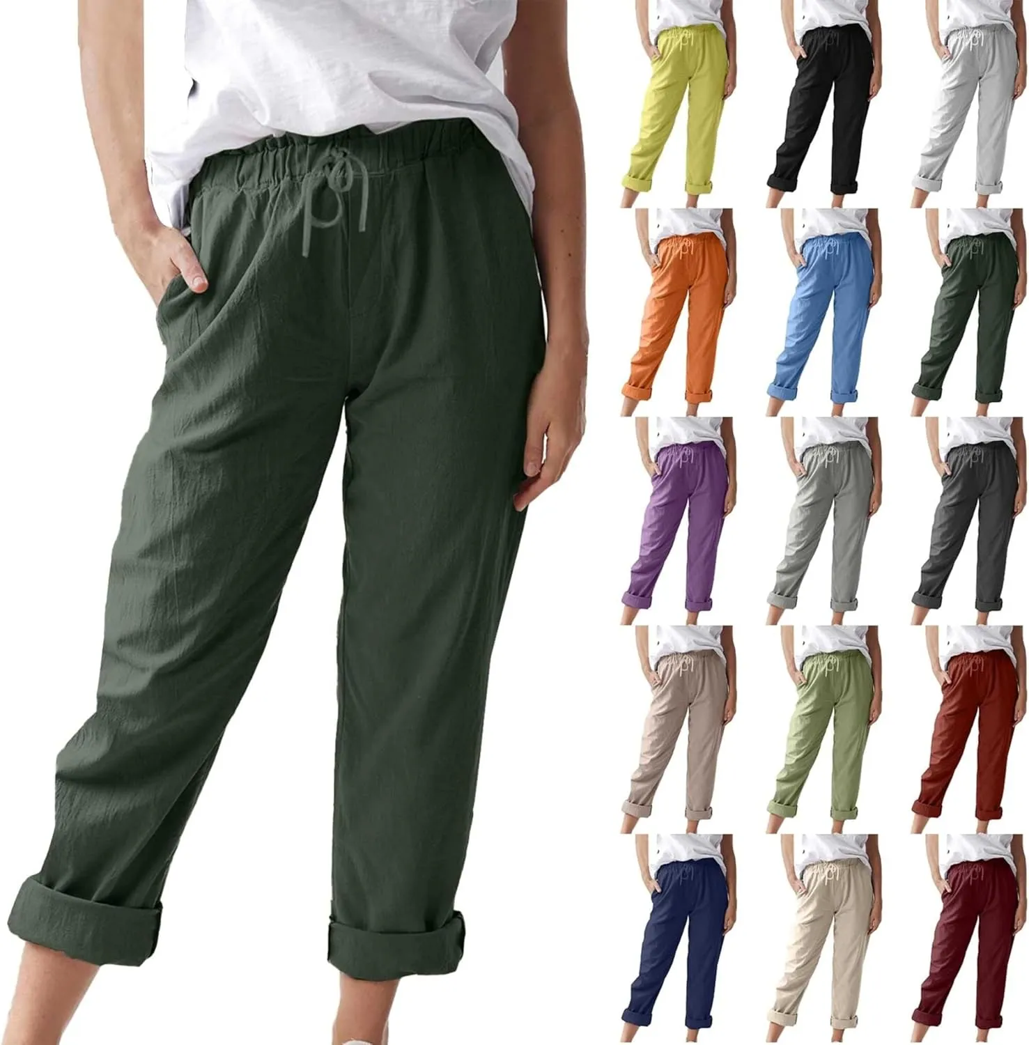 Linen Pants Women 2025 Straight Wide Leg Elastic Waisted Pants Casual Summer Lounge Beach Trousers with Pockets