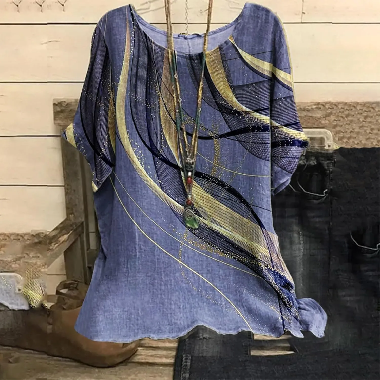 Linen Shirts for Women Summer 2025 Plus Size Crewneck Short Sleeve Blouses Loose Casual Fashion Printed Boho Tops