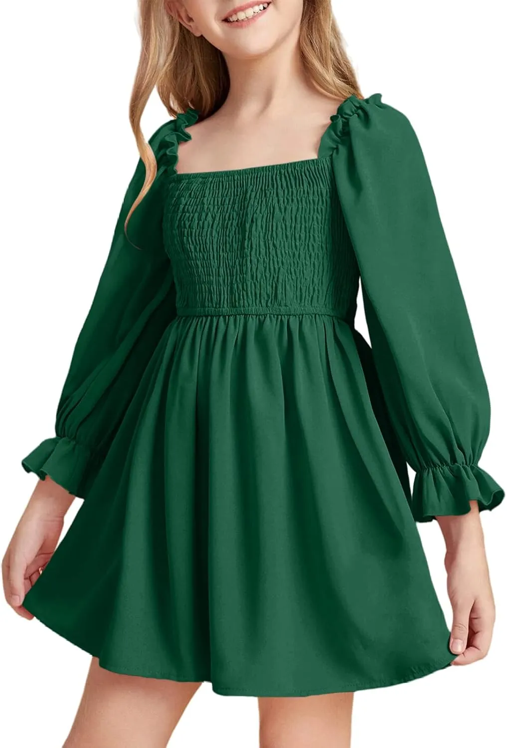 Little Girls Kids Summer Chiffon Ruffle Mini Dress Square Neck Lantern Sleeve Short Dress Tulle Smocked