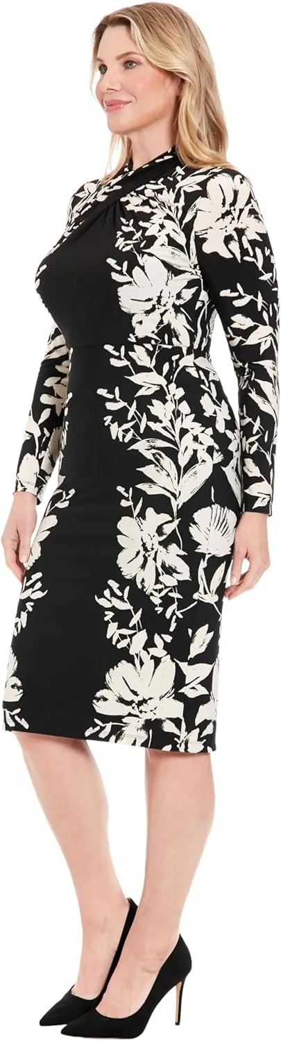 London Times Women's Long Sleeve Floral Bodycon Dress-High Neck Knee Length Form Fit
