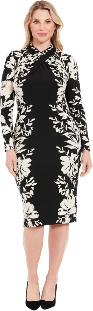 London Times Women's Long Sleeve Floral Bodycon Dress-High Neck Knee Length Form Fit