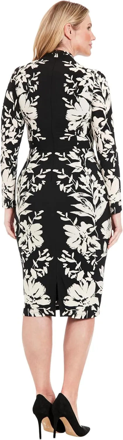 London Times Women's Long Sleeve Floral Bodycon Dress-High Neck Knee Length Form Fit