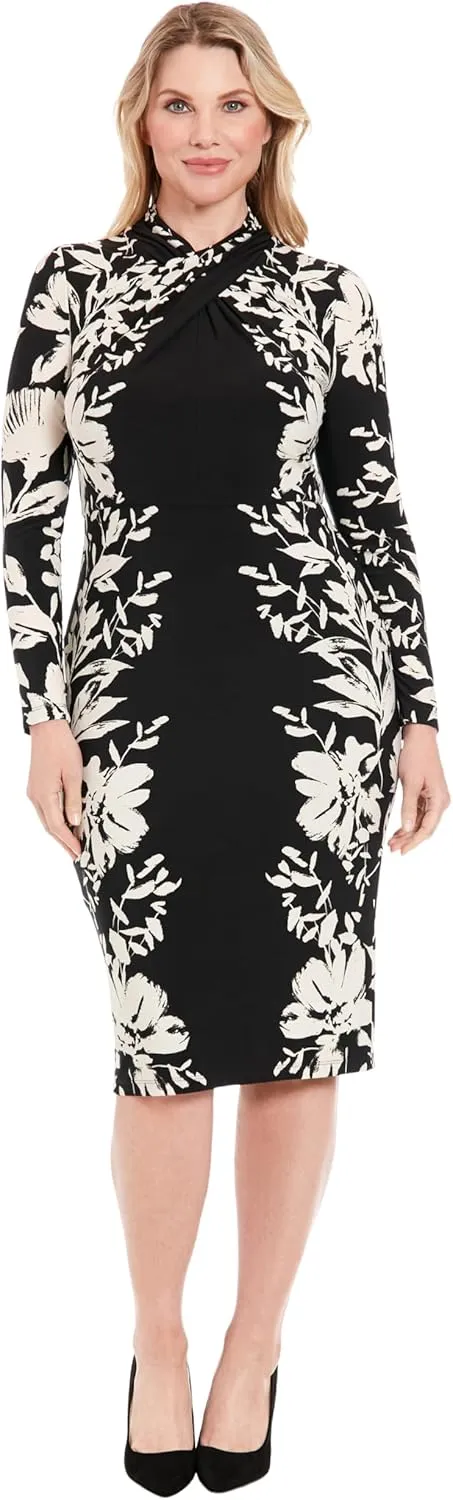 London Times Women's Long Sleeve Floral Bodycon Dress-High Neck Knee Length Form Fit