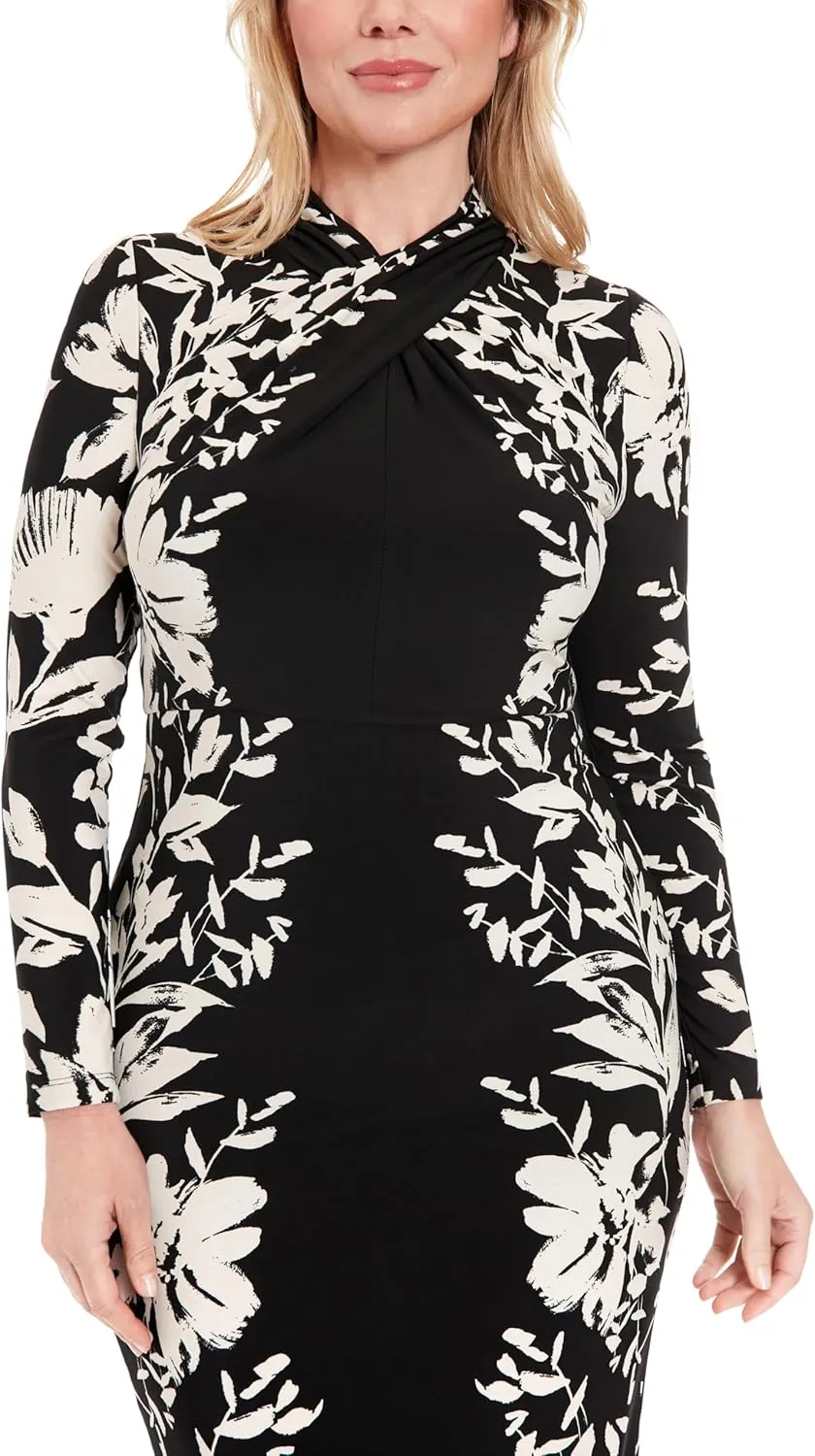 London Times Women's Long Sleeve Floral Bodycon Dress-High Neck Knee Length Form Fit