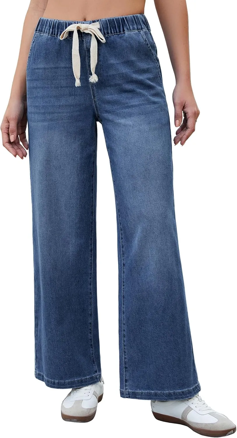 luvamia Wide Leg Jeans Woman High Waisted Trendy Pull On Elastic Waist Drawstring Stretchy Denim Jean Pants with Pockets