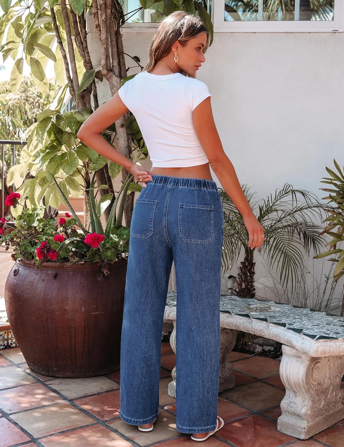 luvamia Wide Leg Jeans Woman High Waisted Trendy Pull On Elastic Waist Drawstring Stretchy Denim Jean Pants with Pockets