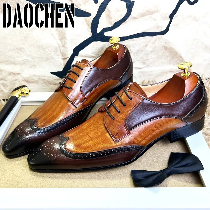 Luxury Brand Men Leather Shoes Pointed Toe Brogues Oxford Mens Dress Shoes Wedding Office Formal Shoes Men