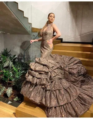 Luxury Evening Gown Brown Ruffled