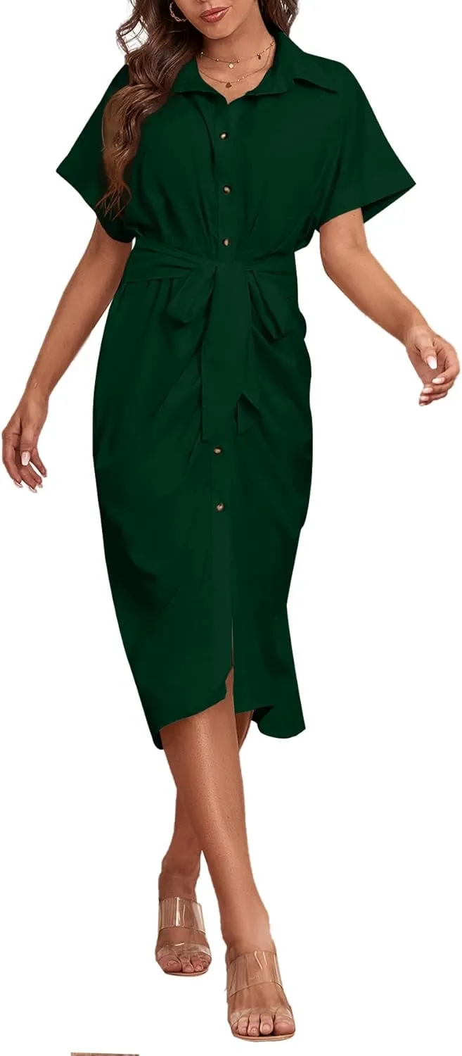 LYANER Women's Collar Button Down Ruched Self Tie Short Sleeve Midi Dress