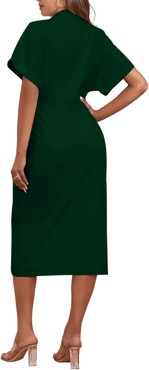 LYANER Women's Collar Button Down Ruched Self Tie Short Sleeve Midi Dress