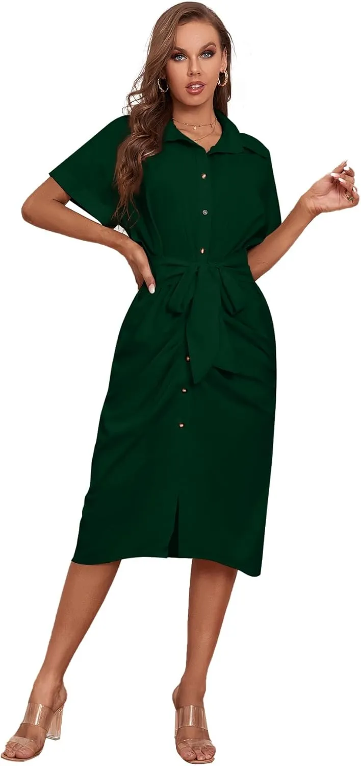 LYANER Women's Collar Button Down Ruched Self Tie Short Sleeve Midi Dress