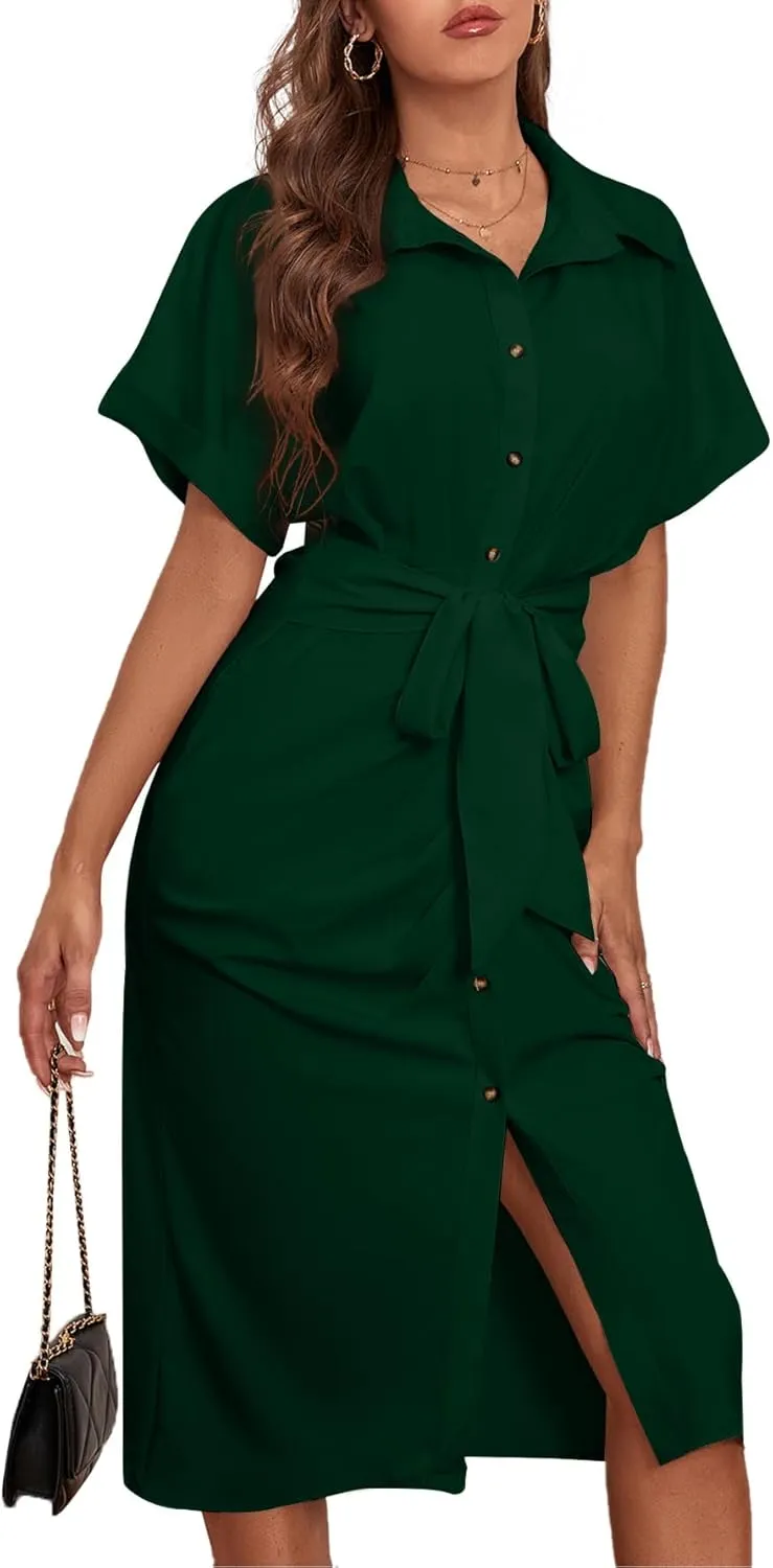 LYANER Women's Collar Button Down Ruched Self Tie Short Sleeve Midi Dress