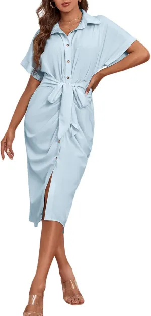 LYANER Women's Collar Button Down Ruched Self Tie Short Sleeve Midi Dress