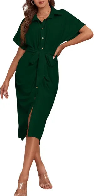 LYANER Women's Collar Button Down Ruched Self Tie Short Sleeve Midi Dress