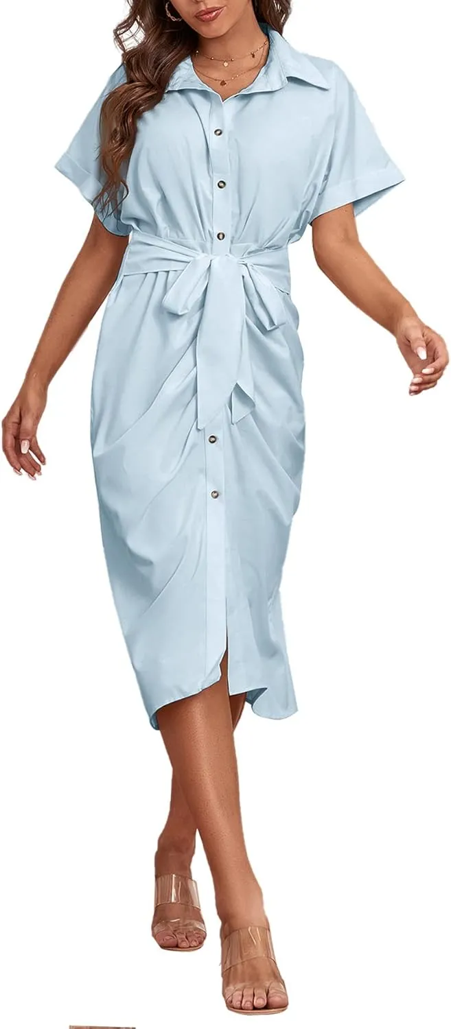 LYANER Women's Collar Button Down Ruched Self Tie Short Sleeve Midi Dress