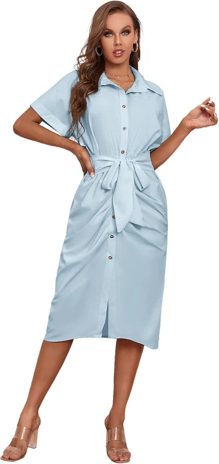 LYANER Women's Collar Button Down Ruched Self Tie Short Sleeve Midi Dress