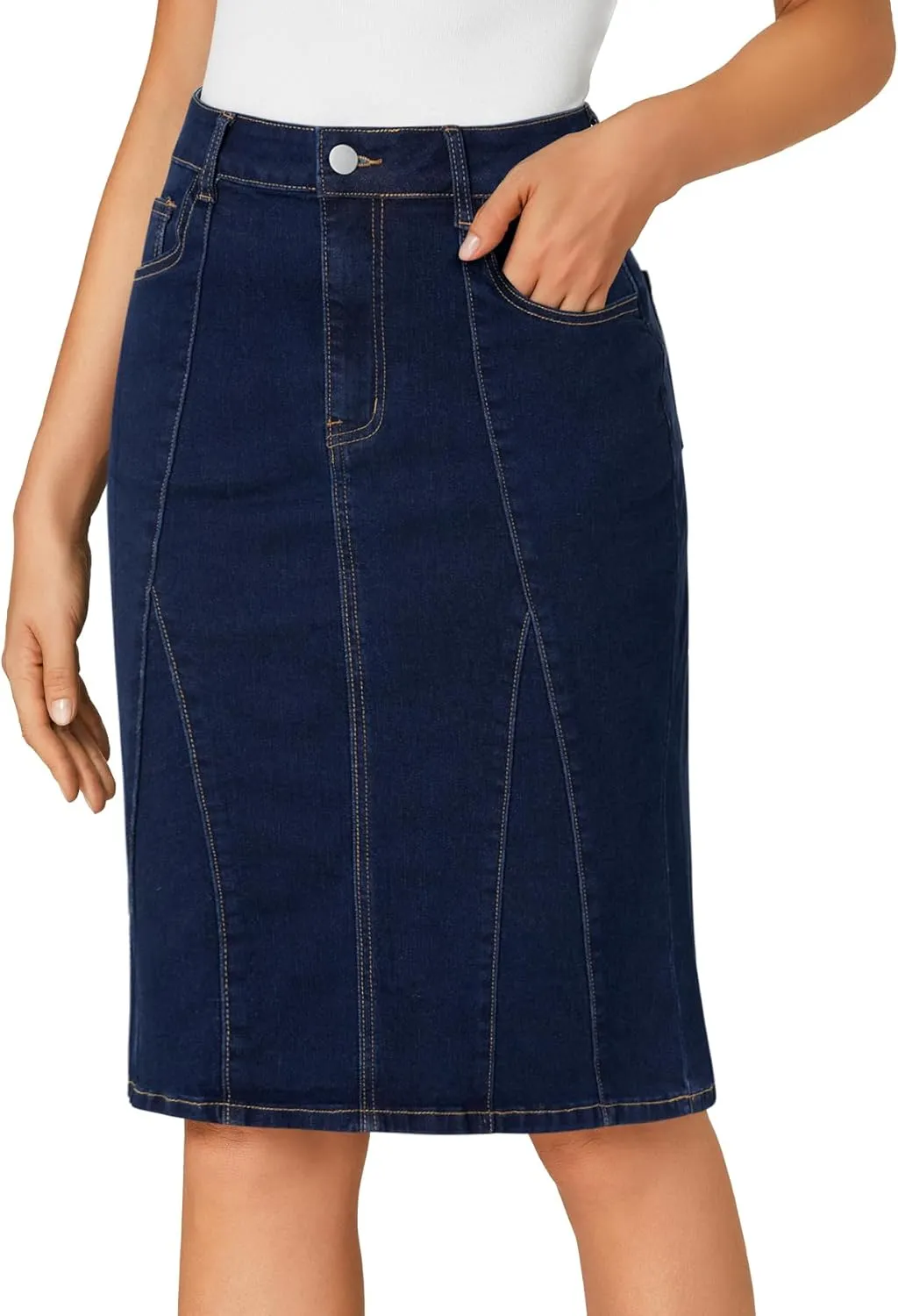 LYANER Women's Denim High Waisted Knee Length Pencil Mermaid Stretch Jean Skirt