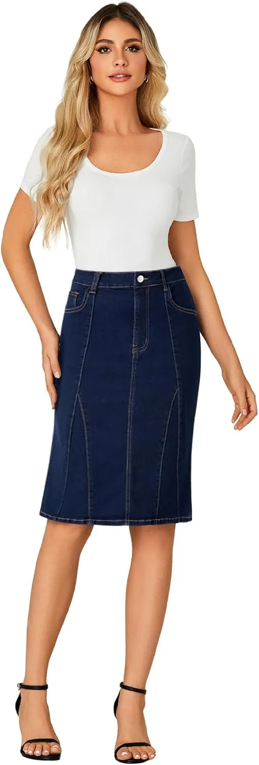 LYANER Women's Denim High Waisted Knee Length Pencil Mermaid Stretch Jean Skirt
