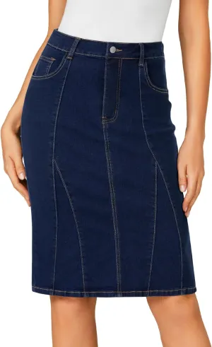 LYANER Women's Denim High Waisted Knee Length Pencil Mermaid Stretch Jean Skirt