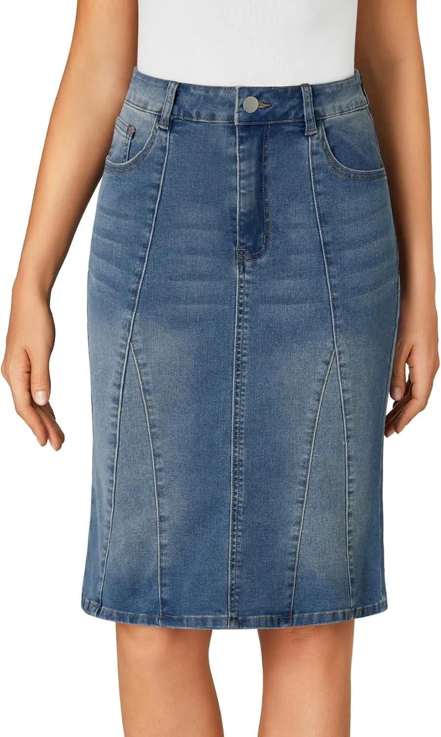 LYANER Women's Denim High Waisted Knee Length Pencil Mermaid Stretch Jean Skirt