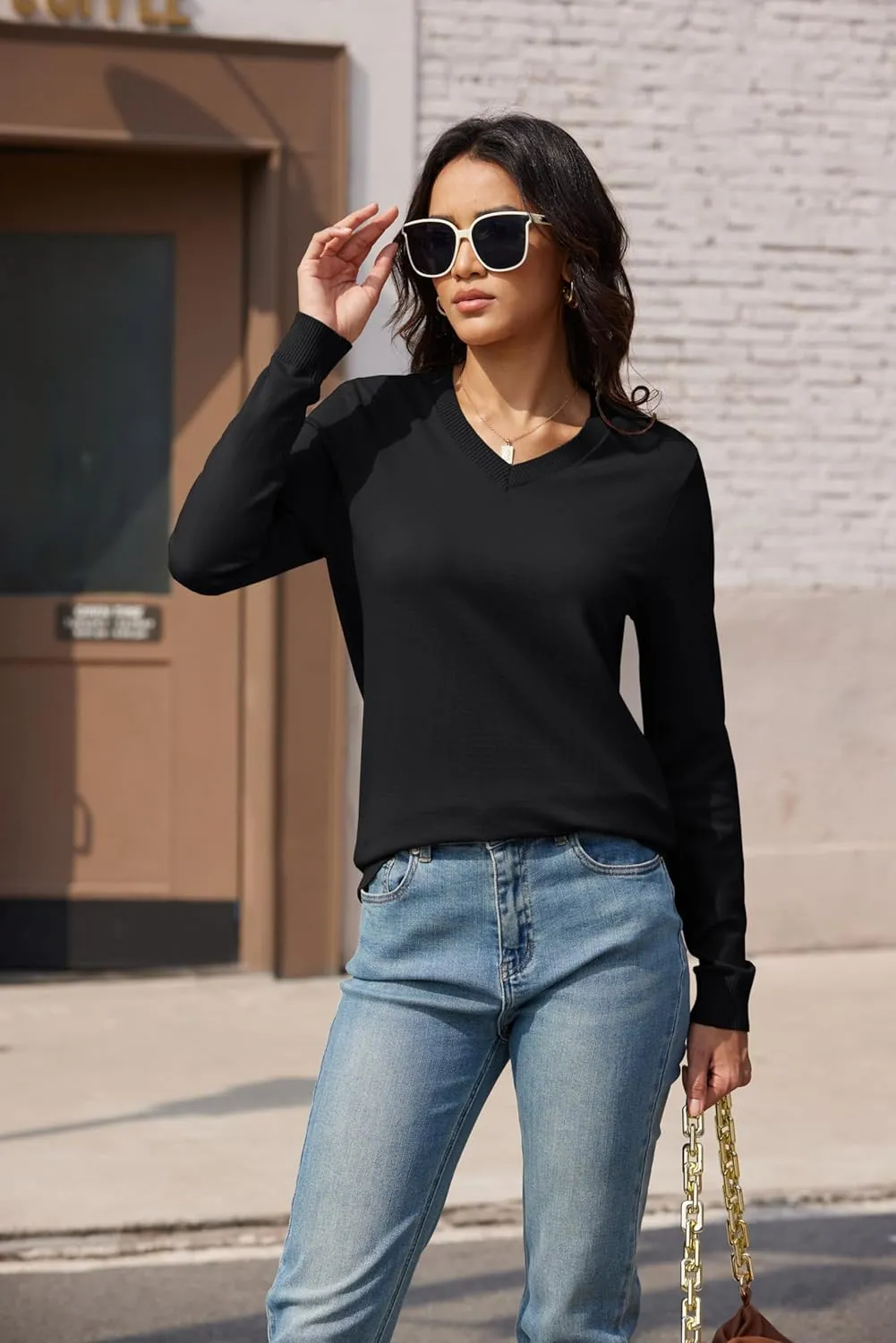MAGCOMSEN Women's V Neck Sweater 2025 Spring Casual Long Sleeve Tops Knit Lightweight Pullover Sweaters Jumper
