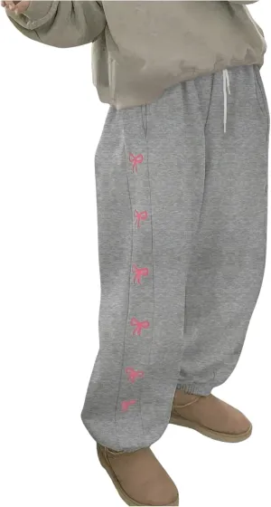 MakeMeChic Women's Bow Print Elastic Waist Drawstring Sweatpants Pocket Baggy Y2K Jogger Pants